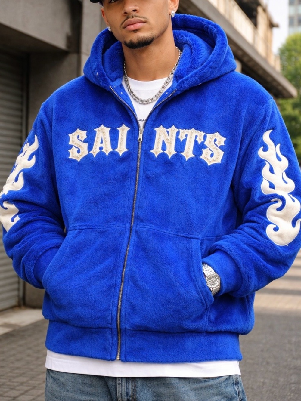 Copper Rivet full‎ zip Hoodie Jacket mens 3XL Blue Faux Fur pearls Flame Sleeve